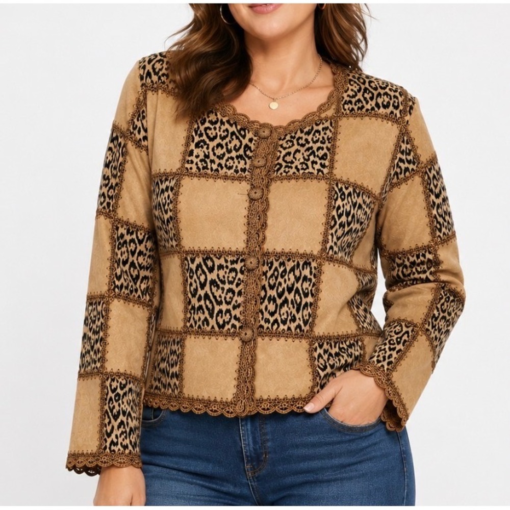 S.M.H. Woman Suede Crochet Cardigan Jacket 1X Patchwork Leopard Print Boho Chic